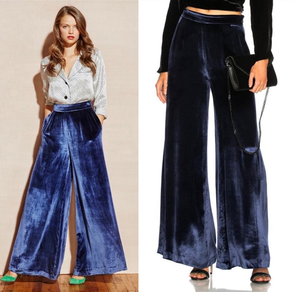 Fleur du Mal Velvet Wide Leg Pants Navy Blue Luxe Holiday Party Size 2